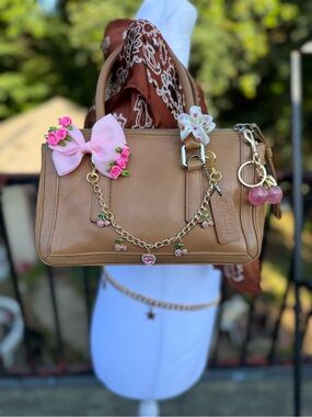 Coach Brown Leather Satchel with Pink Charm Accents